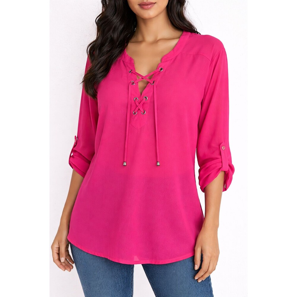 Faded Glory Womens 2X 18W 20W Hot Pink Lace Up Sheer Tunic Blouse Roll Tab Top